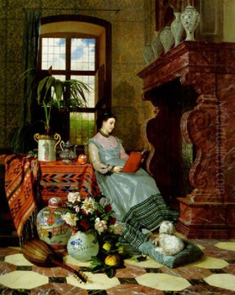 A Woman Reading In An Interior Oil Painting by David Emile Joseph de Noter