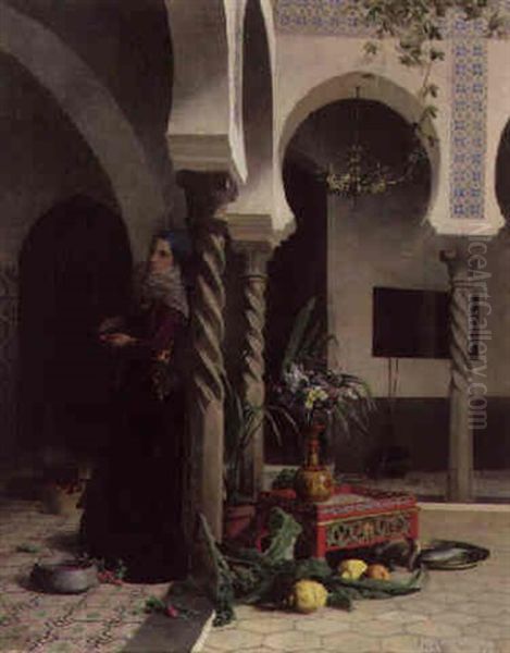 Femme En Bleu Dans Un Interieur A Alger Oil Painting by David Emile Joseph de Noter