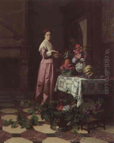 An Interior With Fruit And Flowers Oil Painting by David Emile Joseph de Noter