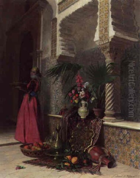 Femme En Rouge Dans Un Interieur A Alger Oil Painting by David Emile Joseph de Noter