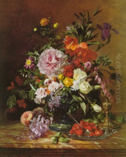 Still Life Of Flowers With Strawberries On A Marble Ledge Oil Painting by David Emile Joseph de Noter