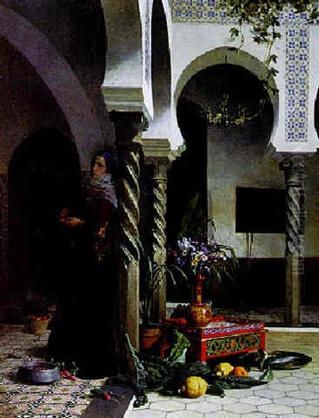 Woman In An Interior In Algiers Paring Vegetables Oil Painting by David Emile Joseph de Noter