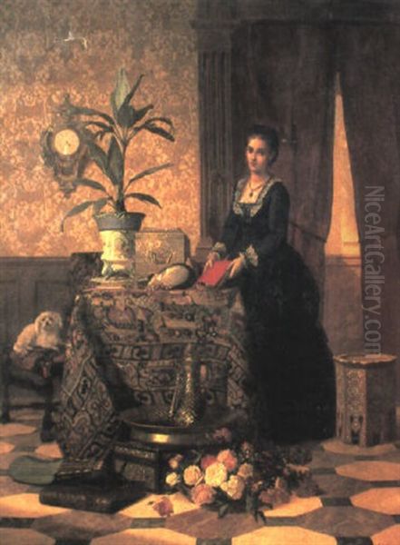 A Woman In An Interior With A Vase Of Flowers Oil Painting by David Emile Joseph de Noter