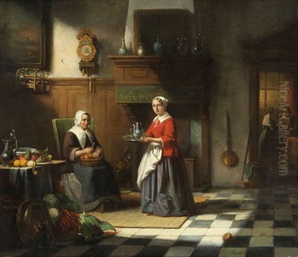 Interieur Anime D'une Femme Epluchant Des Pommes De Terres Et D'une Servante Oil Painting by Jean-Baptiste Andre De Noter