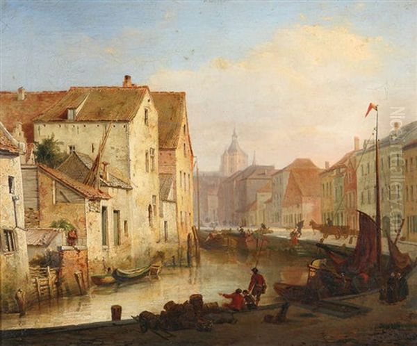 Vue A Malines Animee De Personnages Pres Du Quai Winket Oil Painting by Jean-Baptiste Andre De Noter