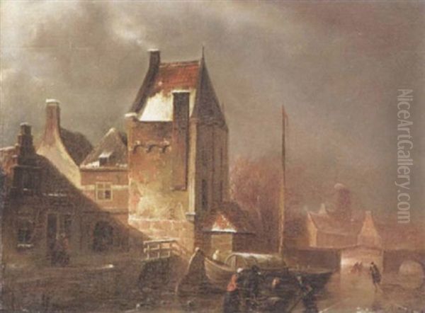 Dutch Townscape With Frozen Canal Oil Painting by Jean-Baptiste Andre De Noter