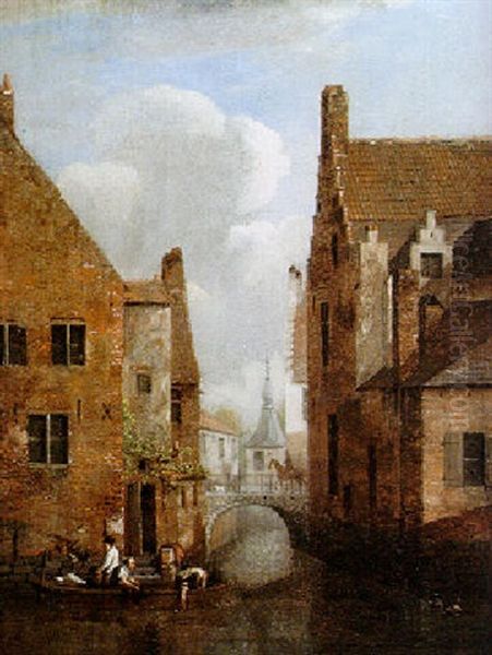 A Backwater In Bruges, With Figures In A Boat At The Steps Of A House, Bridge And Church Beyond Oil Painting by Jean-Baptiste Andre De Noter