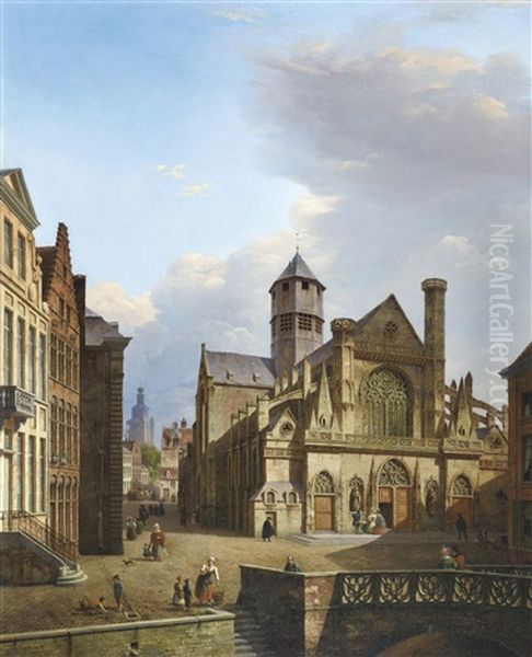 A City View Of Bruges With The Jerusalem Church In The Background (1838) Oil Painting by Pierre Francois de Noter