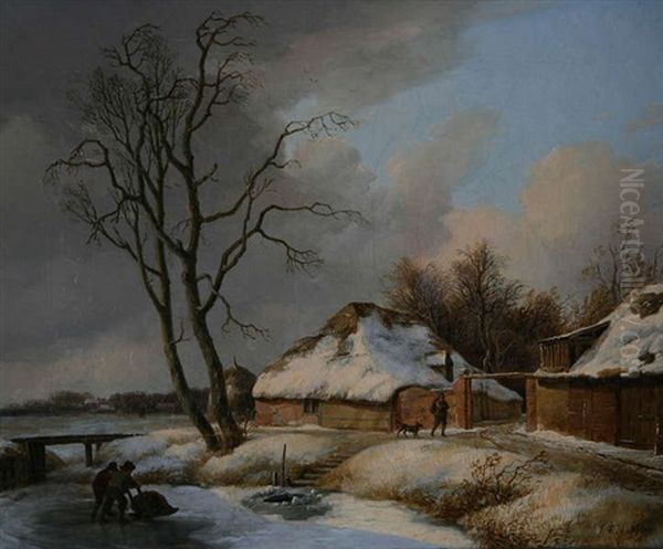 Paysage En Hiver Pres D'une Ferme Anime De Personnages Et Faible Dans La Glace Oil Painting by Pierre Francois de Noter