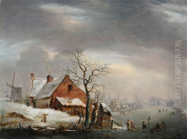 Paysage Aquatique Anime De Personnages Sur La Glace Oil Painting by Pierre Francois de Noter