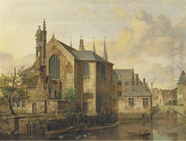 Vue D'une Ville De Flandres: View Of A Church By A River Oil Painting by Pierre Francois de Noter