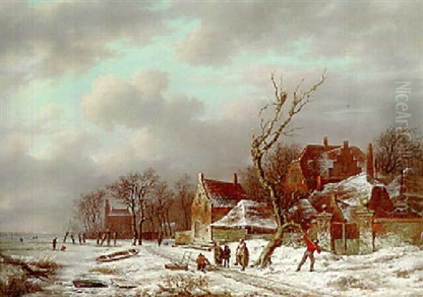 A Winter Landscape With Figures Along A Frozen Canal Oil Painting by Pierre Francois de Noter