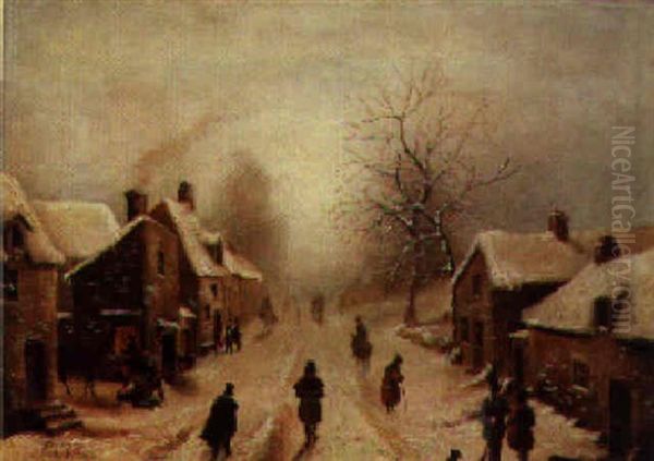 Figures In A Village Street In Winter Oil Painting by Pierre Francois de Noter