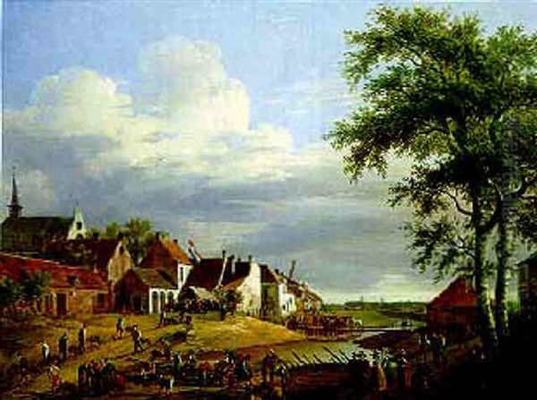 Numerous Workman Digging A Canal Near Gand, With Elegant Figures Watching, Bruges In The Distance Oil Painting by Pierre Francois de Noter