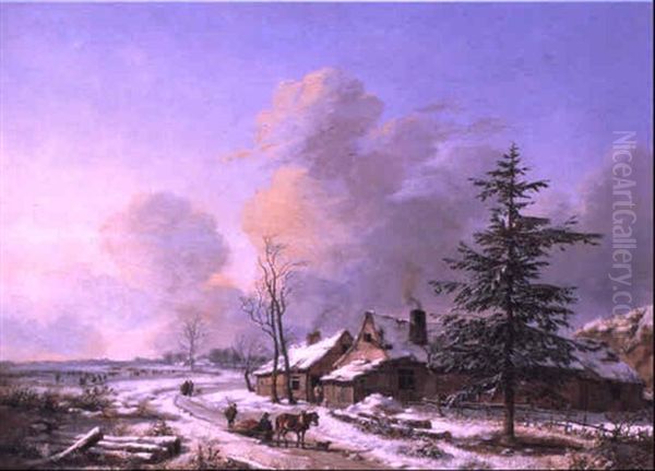 Wooded Winter Landscape With Figures On A Path By Farmhouse Oil Painting by Pierre Francois de Noter