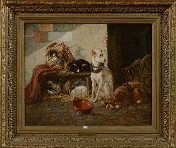 Chiens, Chat, Poules, Lapins Et Canards Oil Painting by Emanuel Noterman