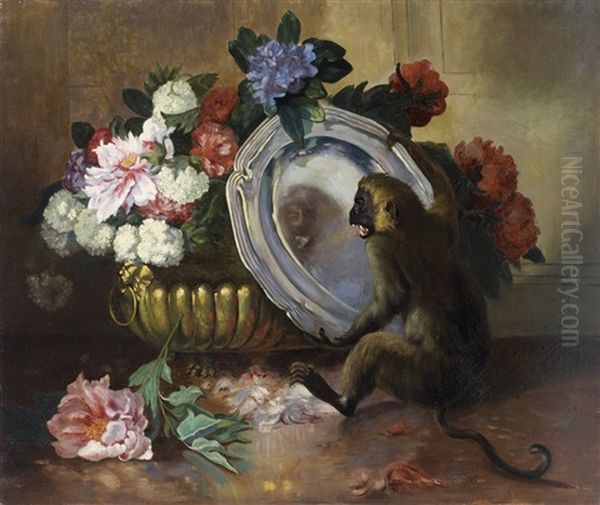 Singe Devant Un Plat D'argent Et Chat Et Singe Musiciens (pair) Oil Painting by Emanuel Noterman