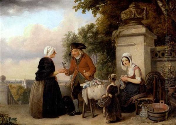 Auf Einer Terrasse Bietet Eine Junge Frau Mit Ihrer Tochter Blumen Feil Oil Painting by Emanuel Noterman