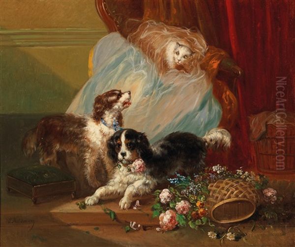 Dogs Playing With Cat Oil Painting by Zacharias Noterman