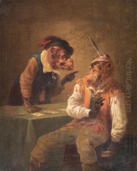 Card Playing Monkeys Oil Painting by Zacharias Noterman