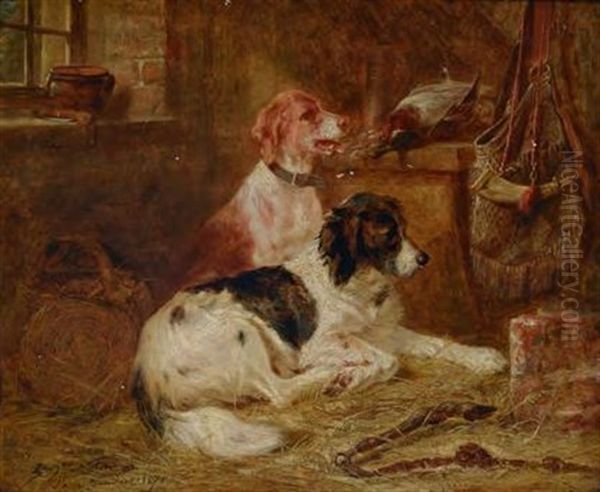 Jagdhunde Im Stall, Daneben Ein Erlegter Erpel, Eine Jagdtasche Und Ein Pulverhorn Oil Painting by Zacharias Noterman