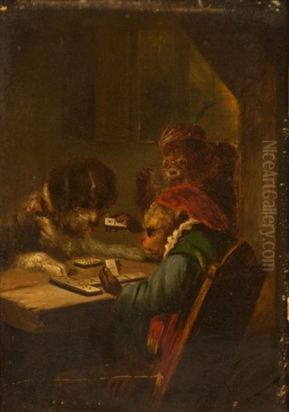 Two Monkeys And A Dog Playing Dominos Oil Painting by Zacharias Noterman