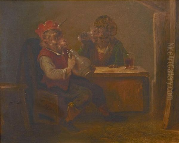 Two Monkeys Drinking Wine Oil Painting by Zacharias Noterman