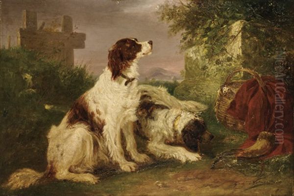 Two Red And White Irish Setter Dogs Oil Painting by Zacharias Noterman