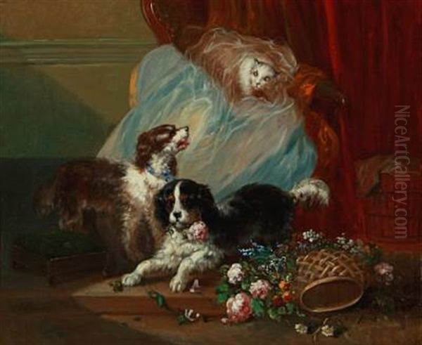 Dogs And A Cat Playing Oil Painting by Zacharias Noterman