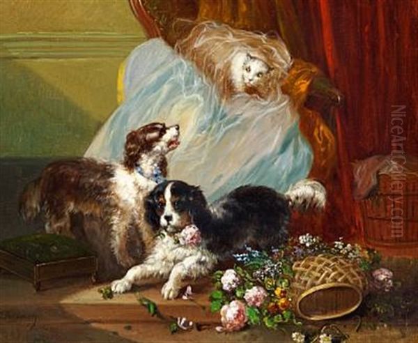 Dogs And A Cat Playing Oil Painting by Zacharias Noterman