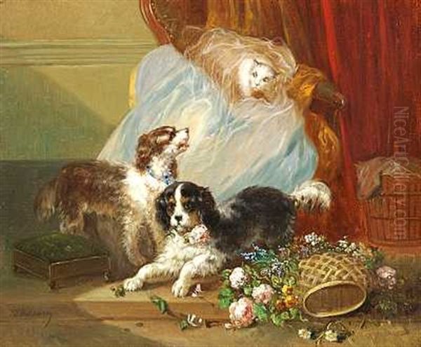 Katten Skraemmes Af To Hunde Oil Painting by Zacharias Noterman