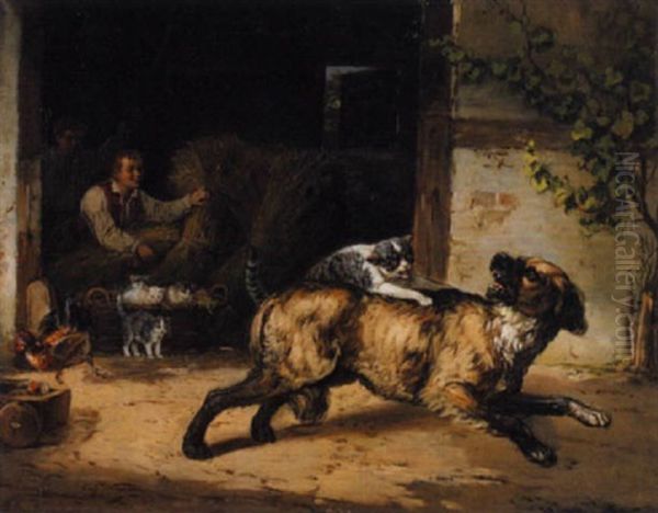 Ein Lausbubenstreich Mit Katzenmutter Und Hund Oil Painting by Zacharias Noterman