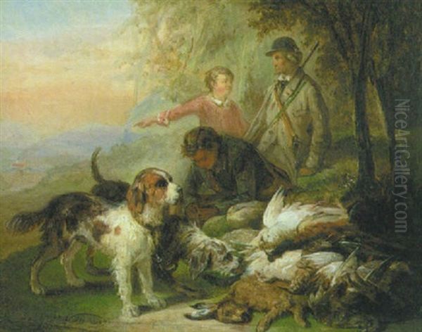 Nach Der Jagd: Zwei Jager, Bursche Und Hunde Vor Dem Am Boden Liegenden, Erlegten Niederwild Oil Painting by Zacharias Noterman