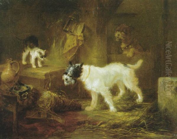 Stalinterieur Met Twee Honden En Een Kat Oil Painting by Zacharias Noterman