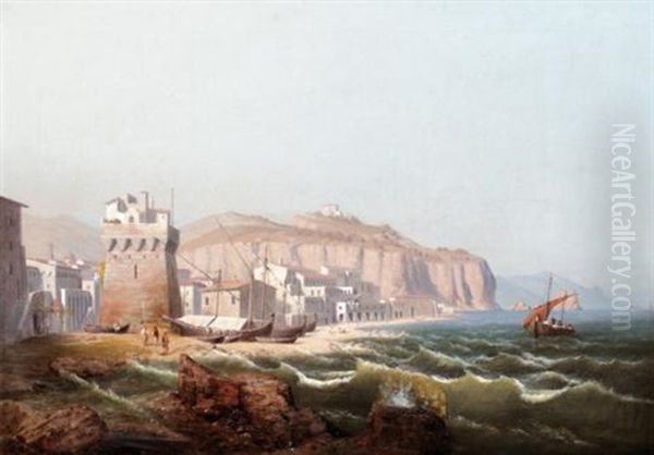 View Of An Italian Fortress, (in Salerno?) Oil Painting by August Friedrich Wilhelm Nothnagel