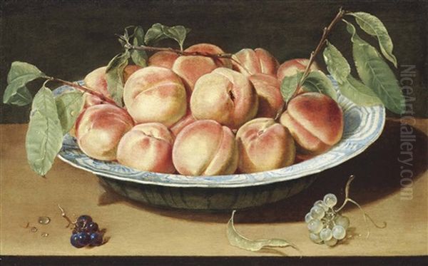 Peaches In A Blue And White Porcelain Bowl With Black And White Grapes, On A Ledge Oil Painting by Rene Nourisson