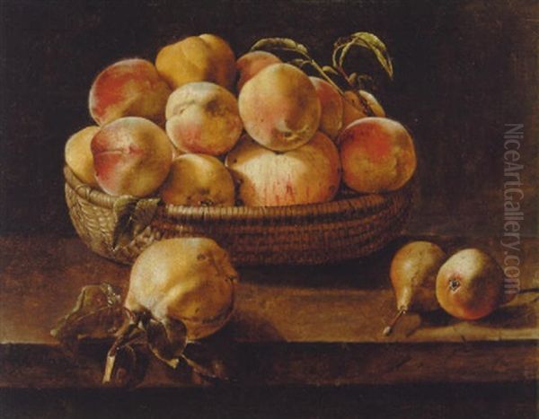 Still Life Of Apples In A Wicker Basket With Pears On A Ledge Oil Painting by Rene Nourisson