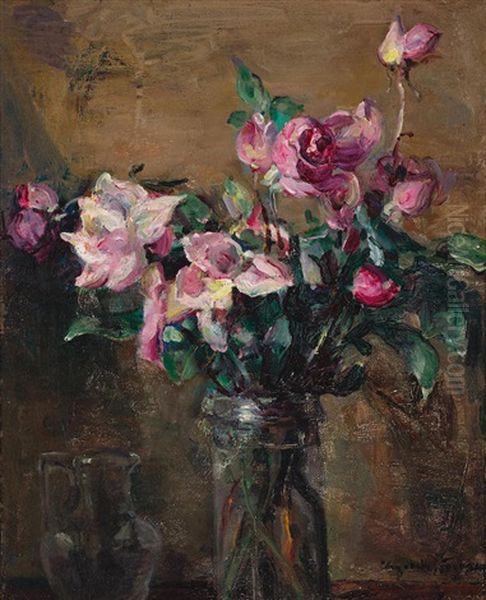 Roses In A Glass Vase Oil Painting by Elizabeth Nourse