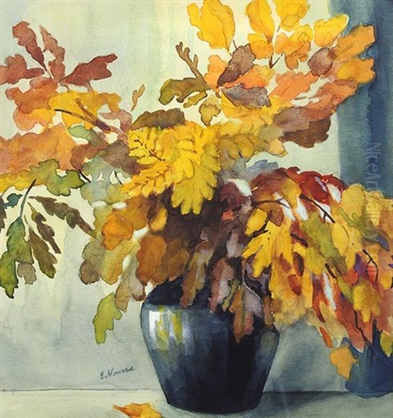 Lilacs In Blue Vase; Still Life Of Fall Foliage In Black Vase (2 Works) Oil Painting by Elizabeth Nourse