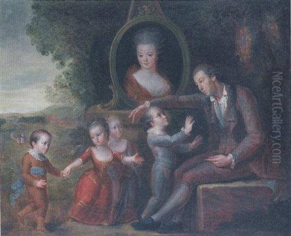 Le Pere De Famille Et Ses Quatre Enfants Sous Le Portrait De La Mere Oil Painting by Jacques Nourry Noury