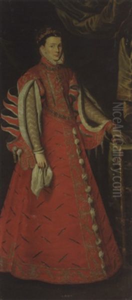 Portrait Of Isabel De Valois, Consort Of King Philip Ii Of Spain, In A Red Embroidered Dress With Slashed Sleeves Oil Painting by Pierre Noveliers