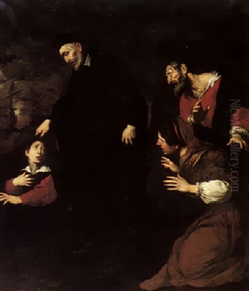 A Cleric Blessing A Young Boy With An Old Man And Woman Looking On Oil Painting by Pietro (Monrealese) Novelli