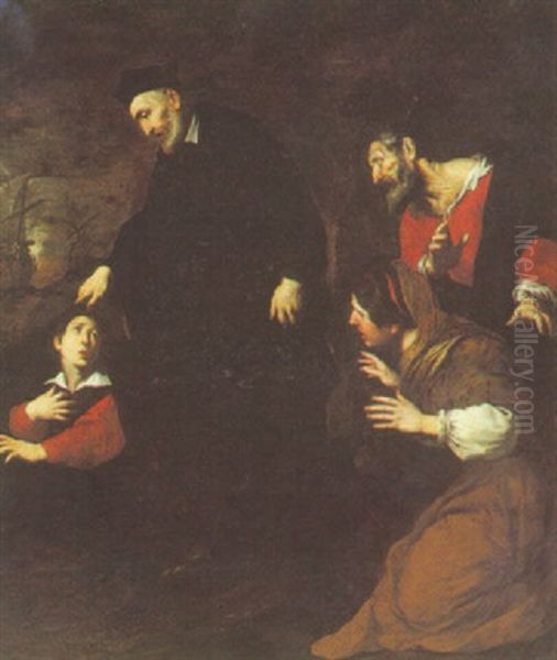 A Cleric Blessing A Young Boy With An Old Man And A Woman Looking On Oil Painting by Pietro (Monrealese) Novelli