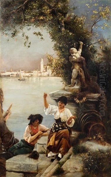 Venetian Girls Drawing Water Oil Painting by Stefano Novo