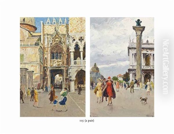 Figures Strolling On The Molo; Figures By The Doge's Palace, Venice (pair) Oil Painting by Stefano Novo