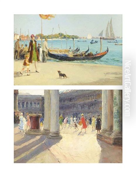 Figures In The Piazza San Marco, Venice (+ A Stroll By The Gondolas; 2 Works) Oil Painting by Stefano Novo