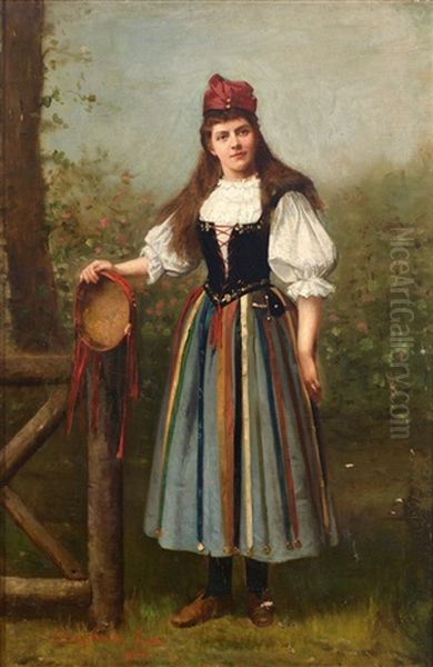 Portrait Einer Jungen Frau In Tracht Mit Tambourin Oil Painting by Stefano Novo