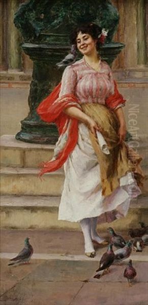 Woman Feeding Pigeons Oil Painting by Stefano Novo