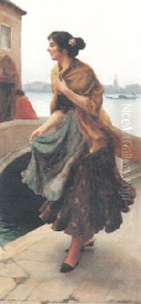 A Young Beauty By A Venetian Canal Oil Painting by Stefano Novo