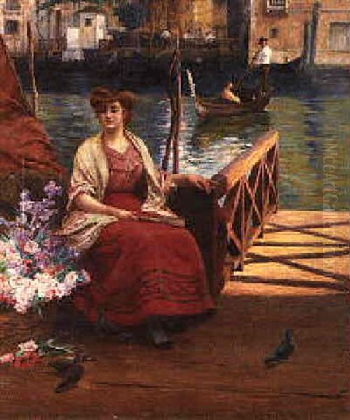 A Venetian Flower Seller Oil Painting by Stefano Novo